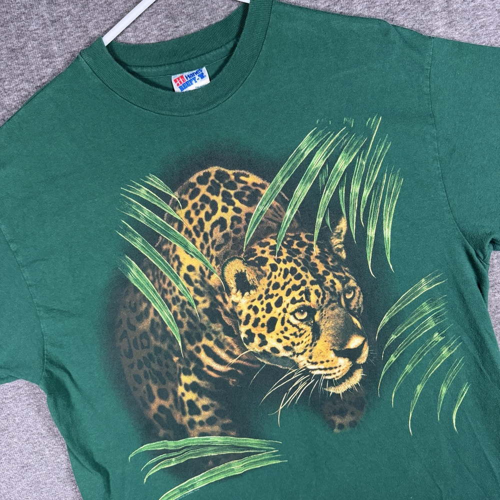 Vintage Jaguar T Shirt Mens Large Green Wildlife Jungle Hanes Beefy USA Made